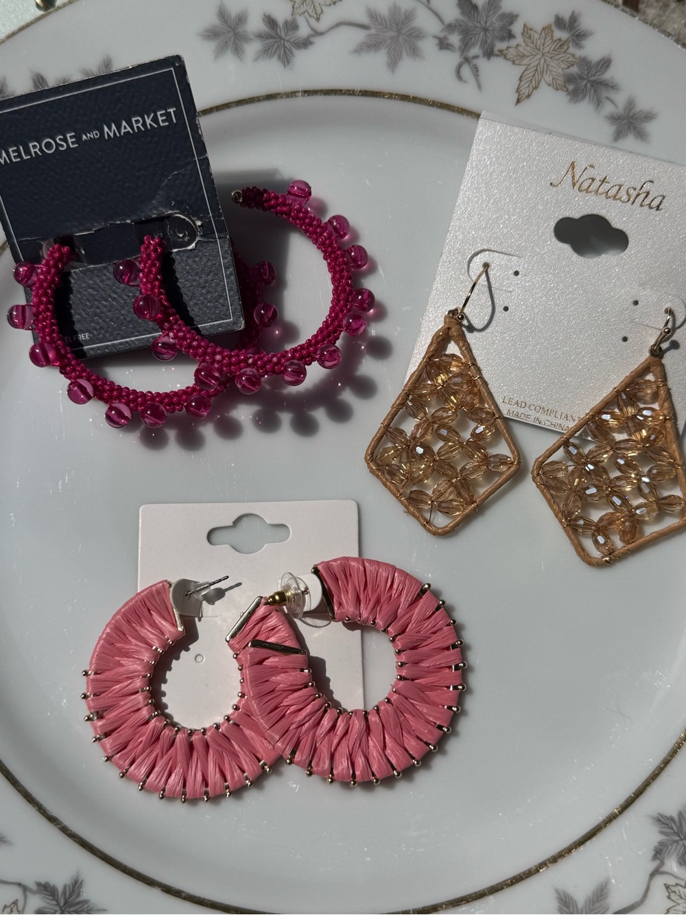3 Pair Statement Earring Bundle, Pink Raffia Beaded Hoop, Woven Drop Boho Set